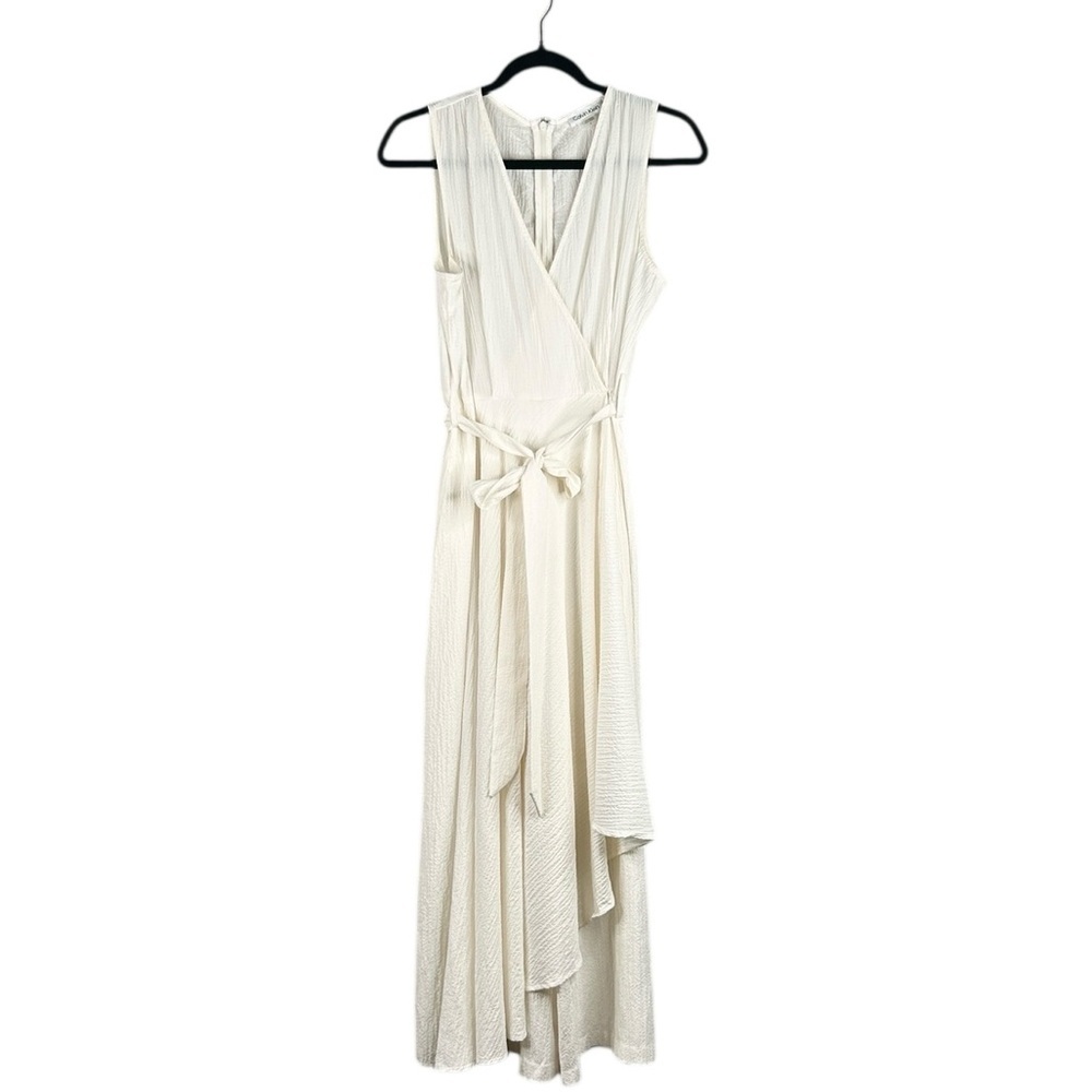 Calvin Klein Off White Romantic Flowy Summer Spring Classic Faux Wrap Dress Sz 8